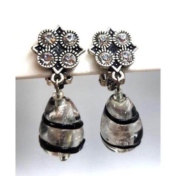 Vintage Rhinestone Clip-On Earrings With Glass Tear-Drop Dangles & Black Stripes - Picture 1 of 2